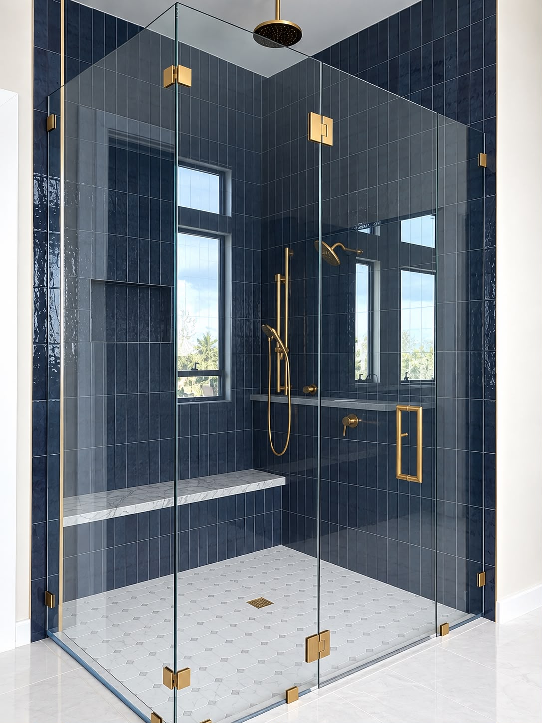 Bruno's frameless shower enclosure with navy tile and brass hardware